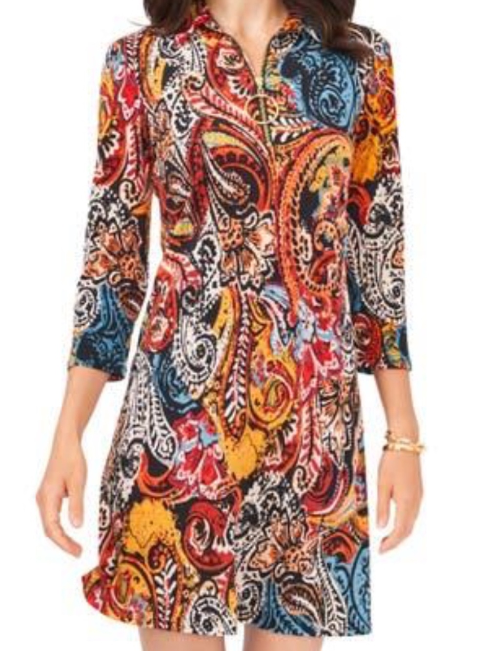 MSK Women’s Paisley O-Ring Quarter-Zip Shift Dress Large